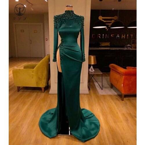 Sexy Dark Green High Collar Beaded Pearls Long Sleeve Thigh High Slit Sheath Evening Dresses