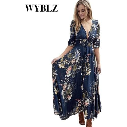 Plus Size S-XXL Women Floral Dress Summer High Split Dress Sexy V-neck Beach Boho Dress Three Quarter Sleeves Maxi Long Dresses