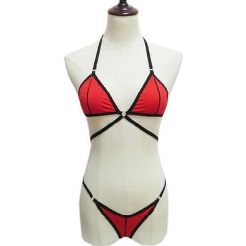 Sexy bikini plus size swimwear women swimsuit women biquini bikinis Solid color Splicing Rim Halter adjustable metal ring Thong