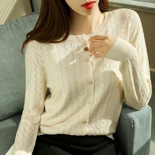 Cashmere Cardigan Womens 2021 New 100% Wool Sweater Casual Knitwear Womens Top Plus Size Pure Color Hollow Round Neck Shirt