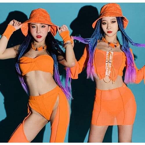 Dancer Singer Performance Stage Costume Nightclub Gogo Dancing Clothes Orange Party Rave Outfit Hiphop Jazz Dancewear VDB4145
