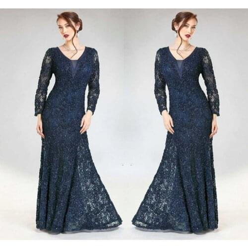 Navy Long Sleeve Mother of the Bride Dresses Full Lace Beaded Cheap Wedding Guest Dress Custom Women Formal Outfit