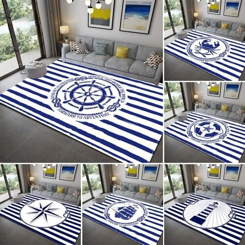 Stripe Dark Blue Ocean Area Rug Anchor Boat Decor Rug Floor Mat Soft Flannel Memory Foam Carpet for Living Room Bathroom Kitchen