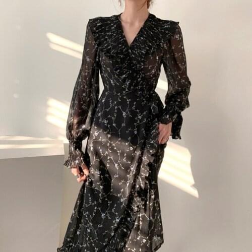 WHCW CGDSR midi print dresses woman dress women autumn winter korean style long sleeve elegant vintage loose a-line party 2020