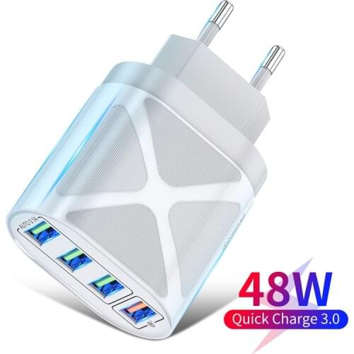 EU/US/UK Plug USB QC3.0 Mobile Phone Charger For iPhone 11 Samsung Xiaomi Huawei 4 Port 48W Fast Wall Chargers Universal