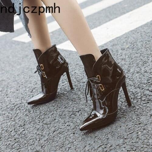 Womens Boots New Autumn And Winter Pointed Lace-up High heel Short tube Womens shoes plus size 32-44 With height 10.5cm