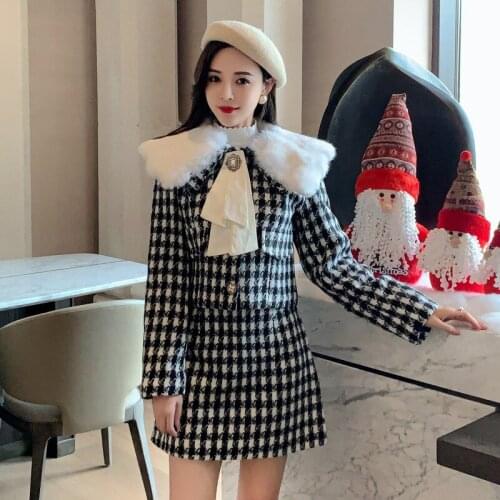 Korean Winter Two Piece Set Women Houndstooth Diamond Bow Fur Collar Plaid Tweed Wool Jacket Coat+High Waist Mini Skirt Set B686