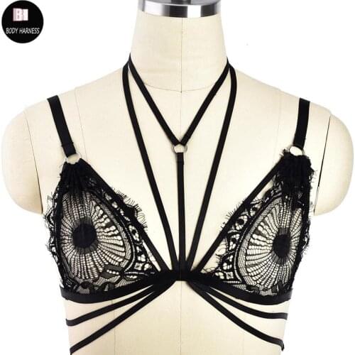 Women Fashion Sexy Lace Sheer Bondage Cage Halter Bra Goth Strappy Elastic Black Body Harness Crop Lace Top Through Bustier