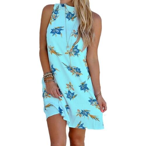 2021 Summer Sexy Boho Dress Floral Print Halter Women Sleeveless Backless Dress for Dating Backless Hollow Out Mini Dress