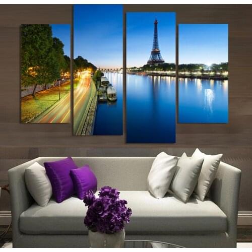 4 Pieces Home Decorative Wall Art Canvas Printed Oil Painting Eiffel Tower Night Landscape Picture for Living Room (Unframed)