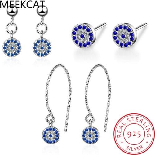 Long Chain Blue Evil Eyes Pendant Earrings 100% 925 Sterling Silver Cubic Zircon Tassel perforation Women Jewelry E0922
