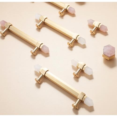 Goo-Ki Natural crystal+ Solid Brass Knob Cabinet Handles T Bar Cupboard Door Handle Cabinet Handles for Furniture Hardware