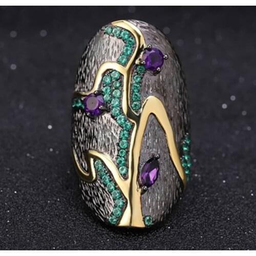 Huitan Black Punk Ring for Women Newly Design Diverse Zircon Color Female Party Accessories Cool Daily Wear Hot Jewelry Size5-12
