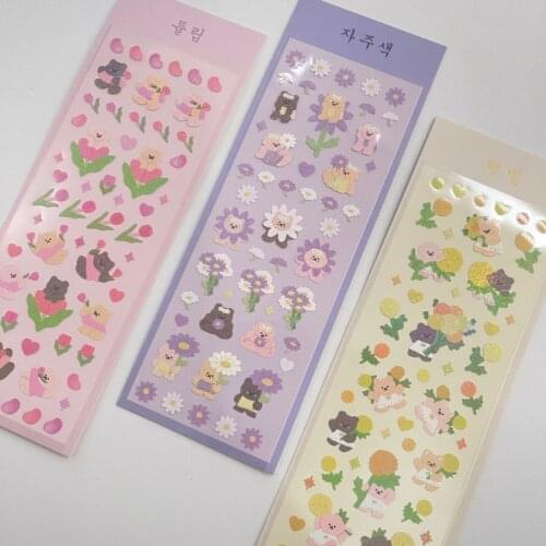 Korean Ins Cartoon Bear Flower Cute Stickers Laser Blingbling Waterproof Paster Children DIY Stationery Decorative Sticker
