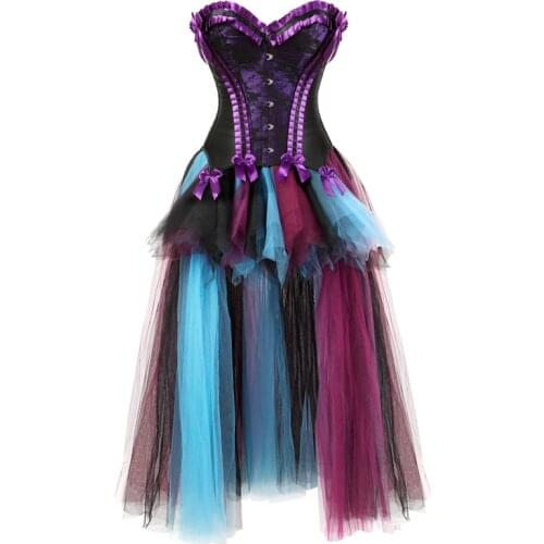 Corsets Dress with Skirt Set Sexy Renaissance Womens Mesh Burlesque Floral Lace Overlay Corset Bustier Victorian Red Purple
