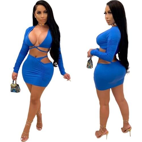 Summer Fashion Sexy Nightclub Womens Solid Color Pleated Big V-Neck Fashion Short Skirt Two-Piece Suit