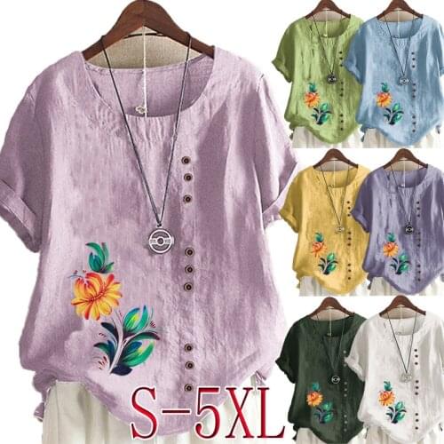 Summer Womens Fashion Casual Floral Print Loose T-shirt Retro Cotton and Linen O-neck Plus Size Short-sleeved Womens Top S-5XL