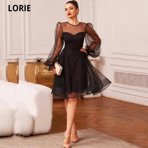 LORIE Black Dot Tulle Prom Dresses Long Puffy Sleeve Short Evening Gows illusion Knee-Length Princess Party Dress Vintage 2020