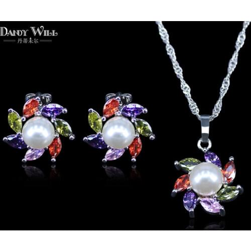 Fashion Style natural pearl Color flower jewelry set for women pearl sets silver Color jewelry wedding girl birthday Present