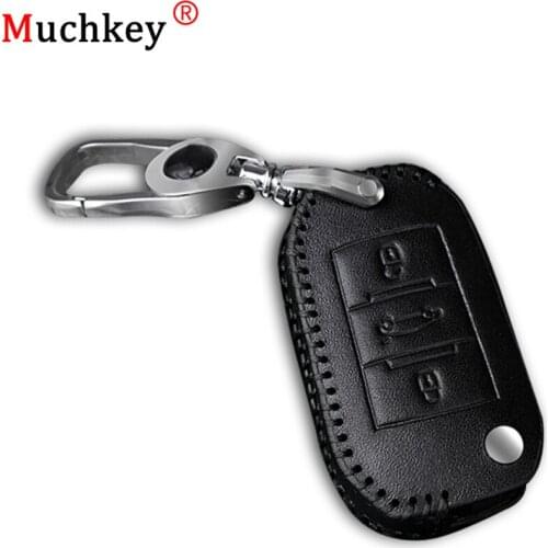 Muchkey Leather Remote Case Car Key Bag Cover with Keychain for Peugeot 3 Buttons Folding Key Luxury Genuine Hand Sew Black Line