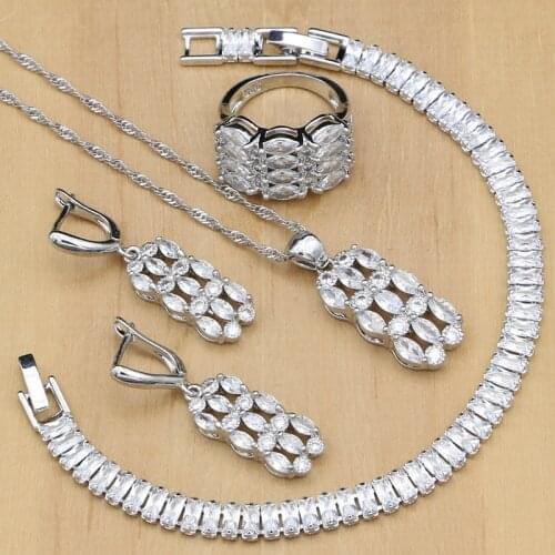 Natural 925 Silver Bridal Jewelry White Crystal Jewelry Sets For Women Wedding Earrings Necklace Set Dropshipping
