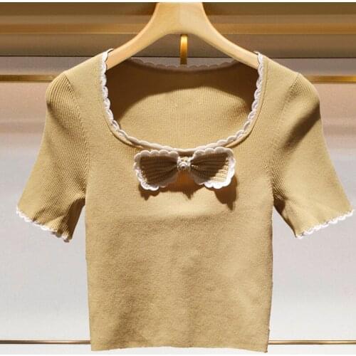 Spring Summer Square Neck Slim Fitting Sweater Women Top Short Sleeve White Lace Pullover Pull Femme Jersey Mujer