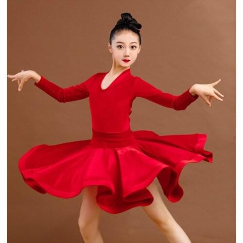 New Children Latin Dance Dress Girls Autumn Winter Long Sleeve Velvet Standard Competition Professional Dress Dance Wear