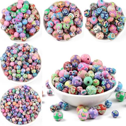 YHBZRET 50pcs Polymer Clay Beads 6 8 10 12 14mm Printing Flower Pattern Round Loose Beads For Jewelry Making Bracelet DIY