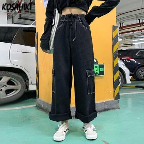 KOSAHIKI Casual Cargo Pants Women Swreetwear 2021 Autumn Fashion Korean Style Baggy Sweat Wide Leg Pants Joggers Trousers