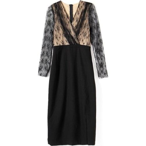 Split Splicing Black Dress Elegant Sexy Vestidos Lining Office Ladies Chic Midi Plus Size Dress Women Spring Fall Autumn Robe