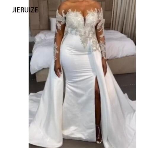 JIERUIZE Detachable Train Silver Beads Luxury Wedding Dresses Long sleeves Lace Up Back African Bridal wedding Gowns