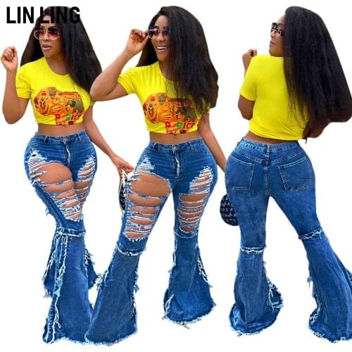 LINLING Summer Blue Fur Ripped Pocket High Waist Jeans Pants Womens Casual Tassel Micro Flared Pants