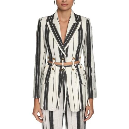 Newest HIGH QUALITY 2021 Designer Suit Set Womens Lacing Rope Detachable Linen Striped Print Blazer Pants Set Two pcs Set