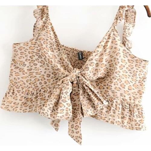 Boho Hippie Women Leopard Print Beach Sleeveless Sashes Crop Tops Bohemian Vest Electic Bow Rayon Short Camis Female