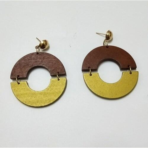 Gold Metal Brown Wood Africa Round Laser Cut Contrast Color Drop Earrings Fashion Wooden Afro Jewelry African Accessories