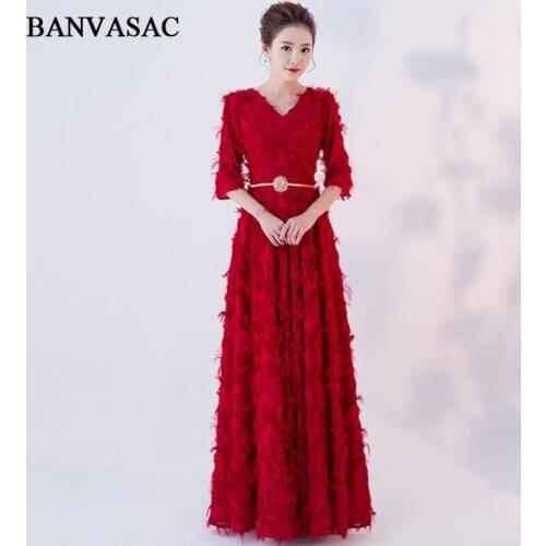 BANVASAC Elegant V Neck Feathers A Line Long Evening Dresses Party Crystal Sash Three Quarter Sleeve Prom Gowns