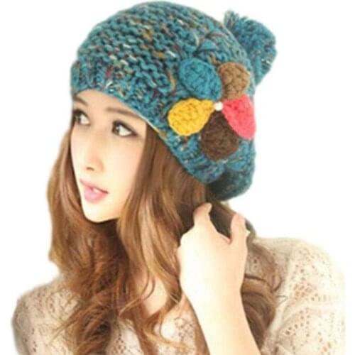 Flowers Knitted Berets Ladies Fashion Pure Color Handmade Harajuku Ears Protection Autumn Winter Warm High Quality Cute Berets
