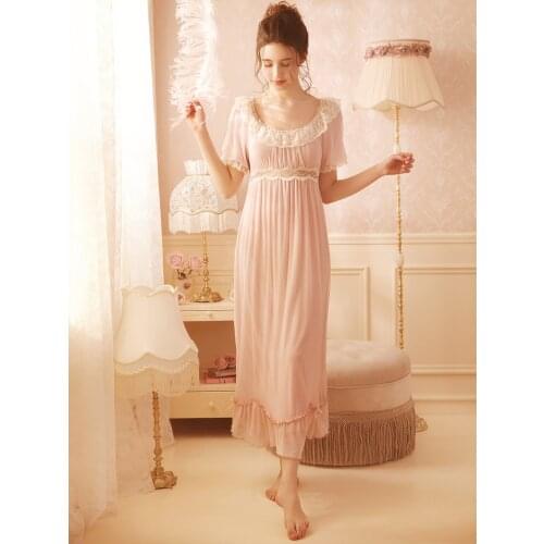 Free Shipping 2021 New Princess Pink and White Long Nightshirt Modal Nightgown Womens Soft Yarn Sleepwear Ladies Soft pijamas