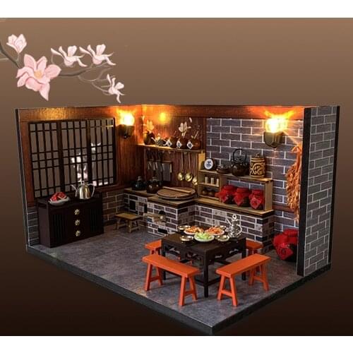 DIY Wooden Miniature Chinese Kitchen Room Doll House Kits Casa Furniture Villa Dollhouse Assembled Toys for Adults Xmas Gifts