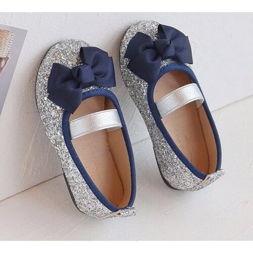 Spring Autumn Girls Shoes Bow Princess Shoes For Kids Flats Dance Shoes Baby Child Bling Party Shoes Silver Wedding Shoes K214