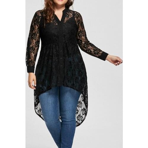 Elegant Lace Tops Women Ladies Plus Size Blouse Long Sleeve Lace Shirt Perspective Button Up Female Large Tops Womens Clothing