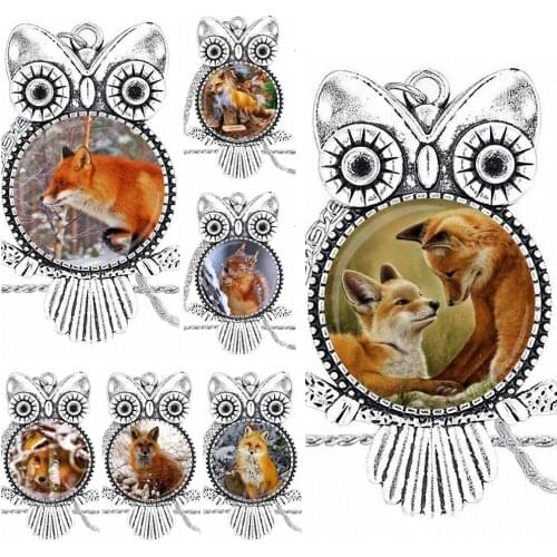 EJ Glaze Fashion Glass Cabochon Pendant Necklace Plated Statement Jewelry For Women Christmas Gift Snowy Winter Fox