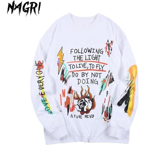 Kanye Skull Graffiti Print T-Shirt Long Sleeve Graphic Tee Harajuku Aesthetic Tops Tee Streetwear Hip Hop Mens White T-shirt