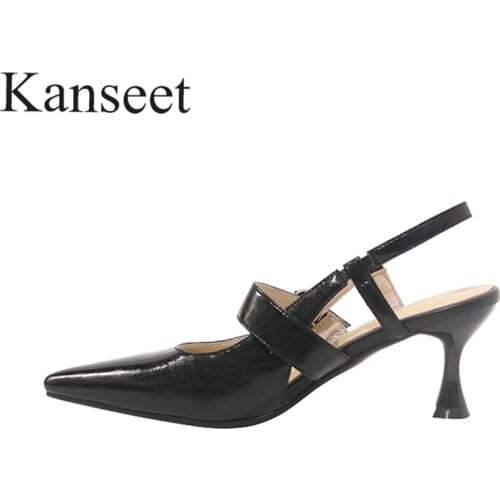 Kanseet Elegant Pointed Toe Women Sandals Genuine Leather 2021 New Summer Shoes Thin High Heels Buckle Strap Party Dress Shoes