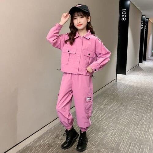 Kids Costumes Young Girls Pink Clothing Sets Spring Autumn Fashion Pockets Cargo Pants Suit Teenage Girls Tracksuit 6 8 10 12Yrs