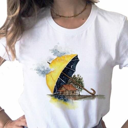 Summer Cartoon Watercolor Travel print ladies T-shirt ladies casual basis O-collar white shirt short sleeve T-shirt,Drop Ship