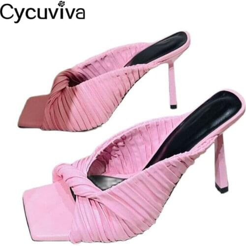 Summer High Heel Slippers Women Pleated Leather Mules Ladies Square Toe Brand Slides High Heel Party Shoes Femme Sandalias Mujer