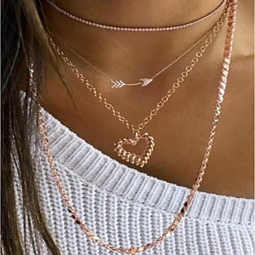 BUDROVKY Hollow Heart Pendant Necklace Gold Alloy Metal Arrow Multilayer Chain Jewelry for Women Accessories