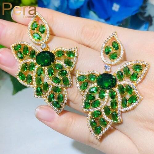 Pera 18K Emerald Green Big Leaf Drop Earrings with Cubic Zircon for Luxury Wedding Banquet Party Women Costume Ear Jewelry E507