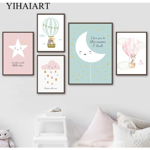 Baby Nursery Cartoon Canvas Posters Pink Balloon Wall Art Giraffe Print Painting Moon Pictures Kids Baby Bedroom Decoration